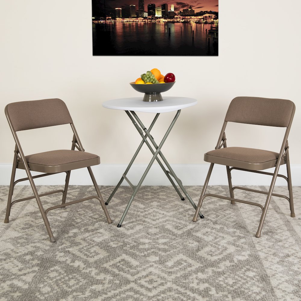 2 Pack HERCULES Series Curved Triple Braced & Double Hinged Beige Fabric Metal Folding Chair