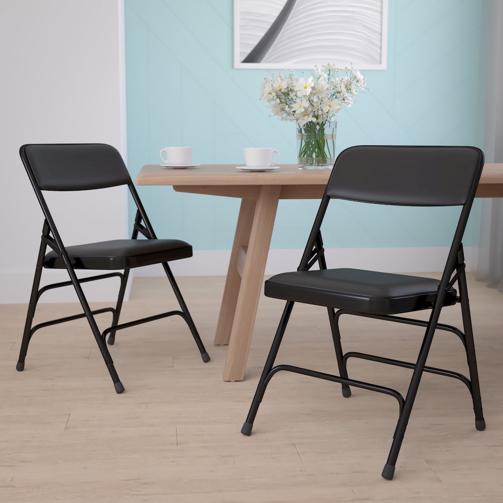 Curved Triple Braced & Double Hinged Black Vinyl Metal Folding Chair