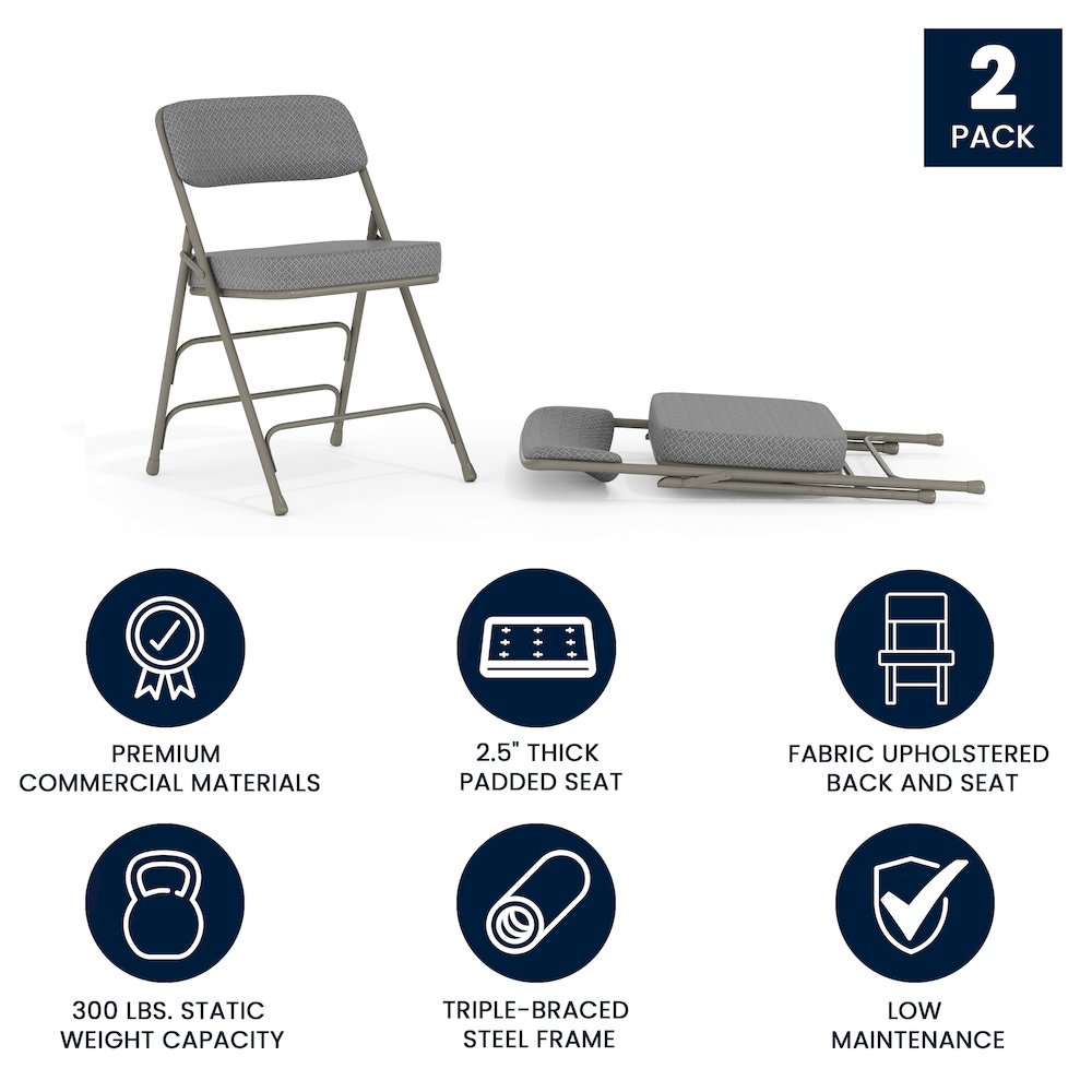 2 Pack Curved Triple Braced & Double Hinged Gray Fabric Metal Folding Chair