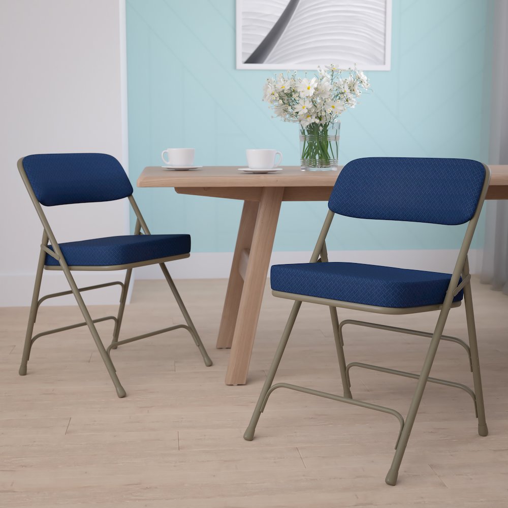 2 Pack Curved Triple Braced & Double Hinged Navy Fabric Metal Folding Chair