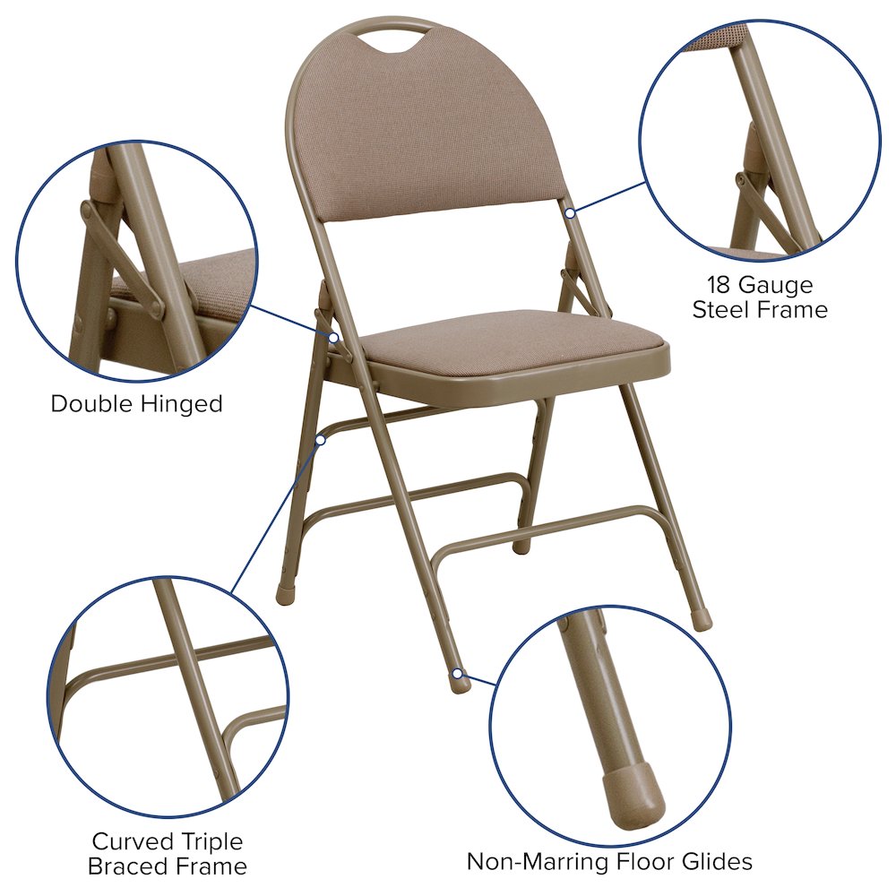 2 Pack HERCULES Series Ultra-Premium Triple Braced Beige Fabric Metal Folding Chair with Easy-Carry Handle