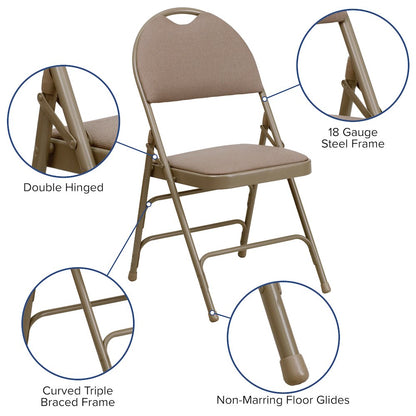 2 Pack HERCULES Series Ultra-Premium Triple Braced Beige Fabric Metal Folding Chair with Easy-Carry Handle