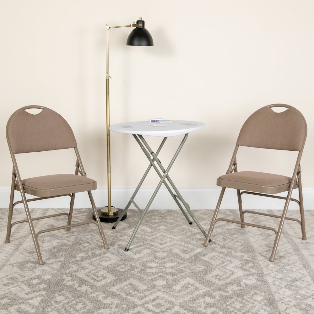 2 Pack HERCULES Series Ultra-Premium Triple Braced Beige Fabric Metal Folding Chair with Easy-Carry Handle