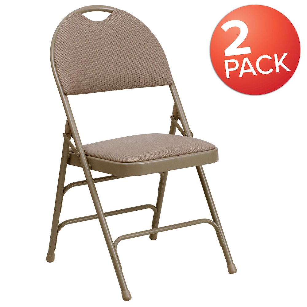 Ultra-Premium Triple Braced Beige Fabric Metal Folding Chair with Easy-Carry Handle