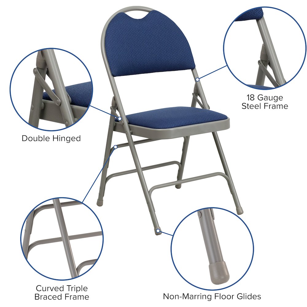 2 Pack HERCULES Series Ultra-Premium Triple Braced Navy Fabric Metal Folding Chair with Easy-Carry Handle