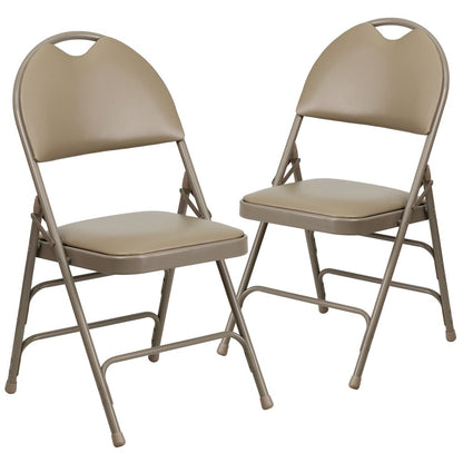 Ultra-Premium Triple Braced Beige Vinyl Metal Folding Chair with Easy-Carry Handle