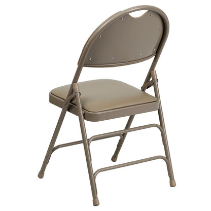 Ultra-Premium Triple Braced Beige Vinyl Metal Folding Chair with Easy-Carry Handle