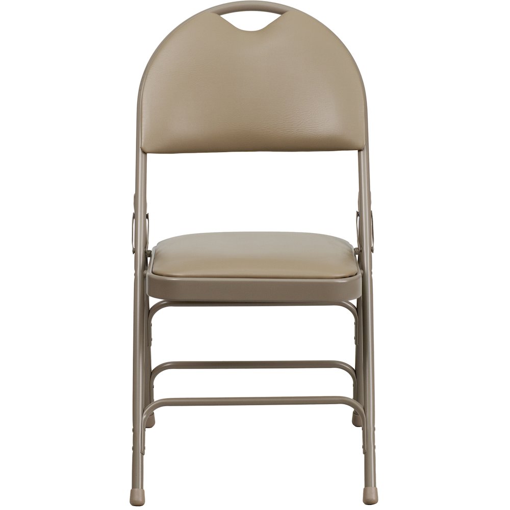 Ultra-Premium Triple Braced Beige Vinyl Metal Folding Chair with Easy-Carry Handle