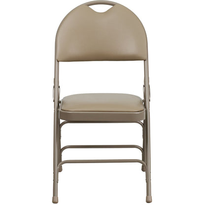 Ultra-Premium Triple Braced Beige Vinyl Metal Folding Chair with Easy-Carry Handle