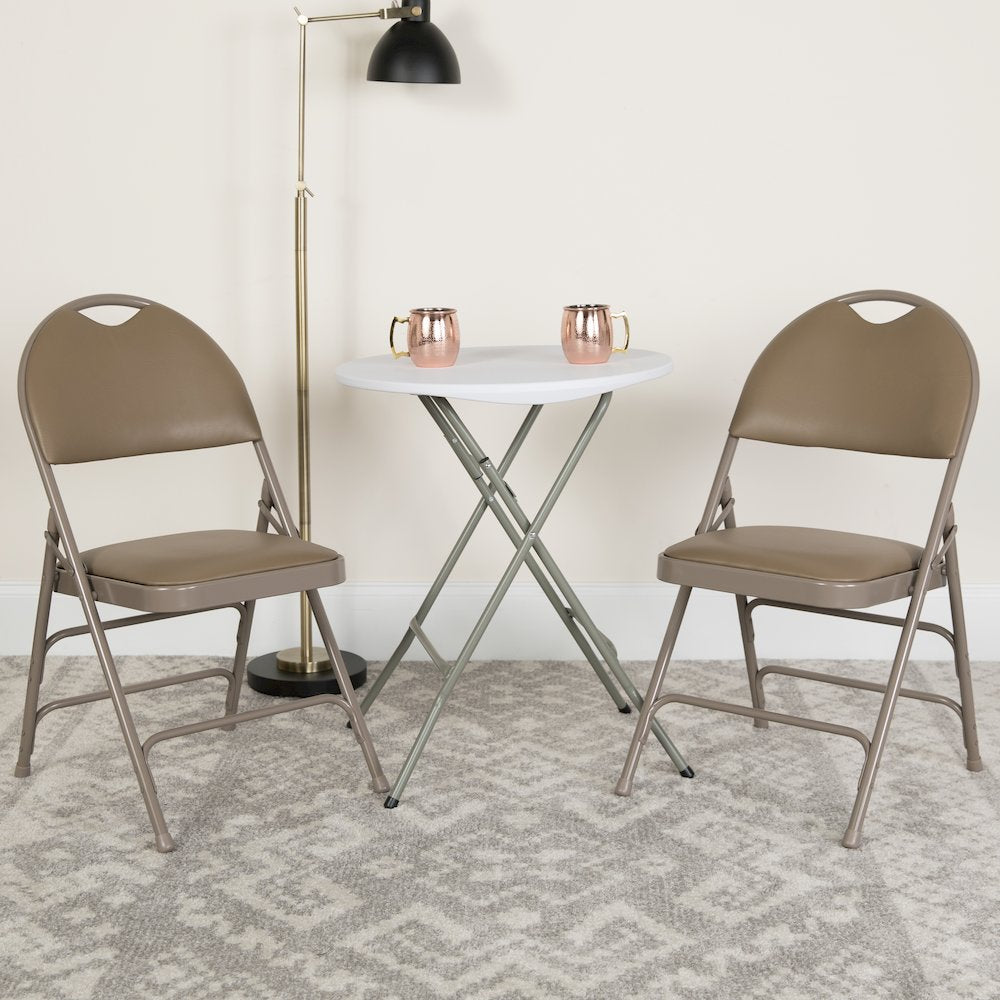 2 Pack HERCULES Series Ultra-Premium Triple Braced Beige Vinyl Metal Folding Chair with Easy-Carry Handle