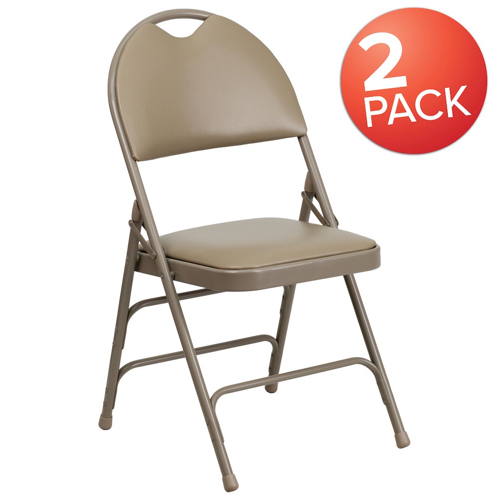 Ultra-Premium Triple Braced Beige Vinyl Metal Folding Chair with Easy-Carry Handle
