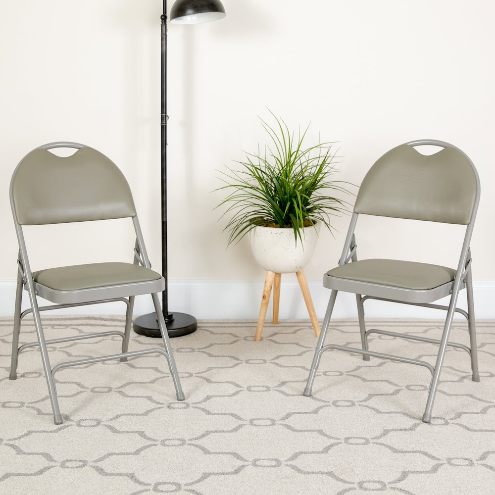 2 Pack HERCULES Series Ultra-Premium Triple Braced Gray Vinyl Metal Folding Chair with Easy-Carry Handle