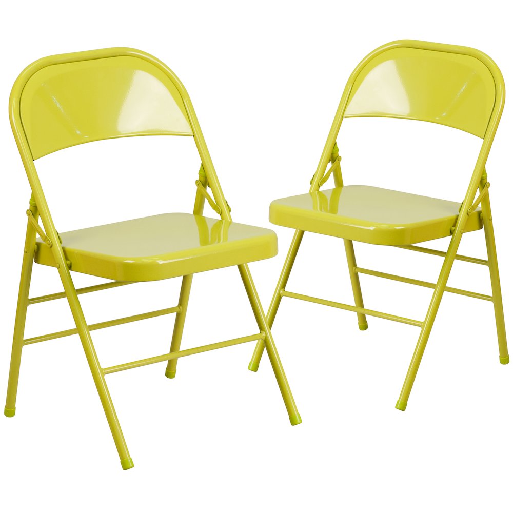 2 Pack HERCULES COLORBURST Series Twisted Citron Triple Braced & Double Hinged Metal Folding Chair