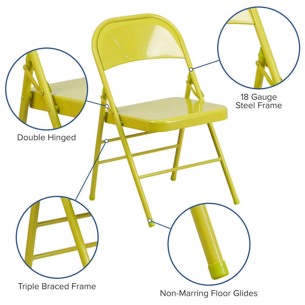 2 Pack HERCULES COLORBURST Series Twisted Citron Triple Braced & Double Hinged Metal Folding Chair
