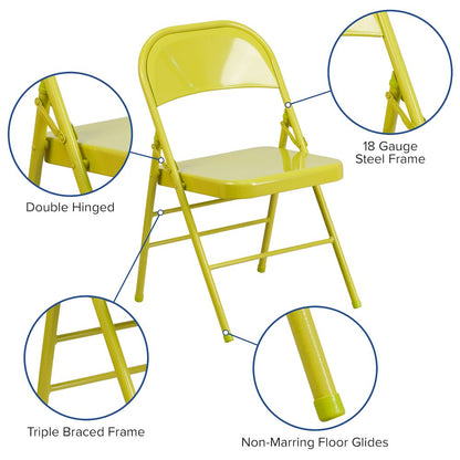 2 Pack HERCULES COLORBURST Series Twisted Citron Triple Braced & Double Hinged Metal Folding Chair