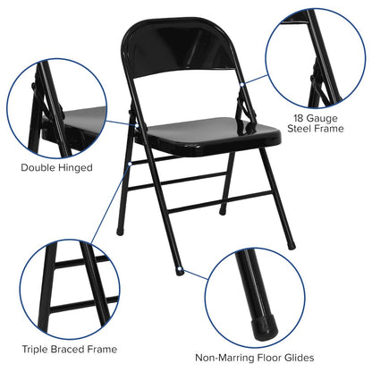 2 Pack HERCULES Series Triple Braced & Double Hinged Black Metal Folding Chair