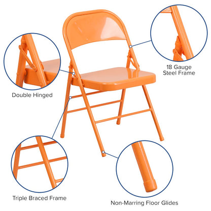 2 Pack HERCULES COLORBURST Series Orange Marmalade Triple Braced & Double Hinged Metal Folding Chair