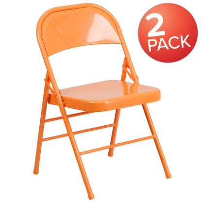 2 Pack HERCULES COLORBURST Series Orange Marmalade Triple Braced & Double Hinged Metal Folding Chair