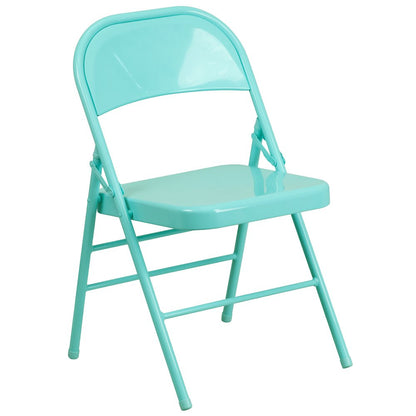 Tantalizing Teal Triple Braced & Double Hinged Metal Folding Chair