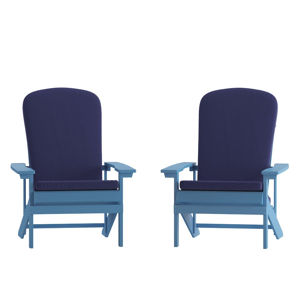 Set of 2 Adirondack Chairs in Blue with Blue Cushions for Deck, Porch, and Patio