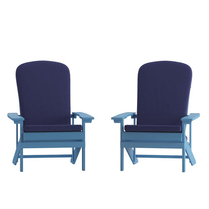 Set of 2 Adirondack Chairs in Blue with Blue Cushions for Deck, Porch, and Patio