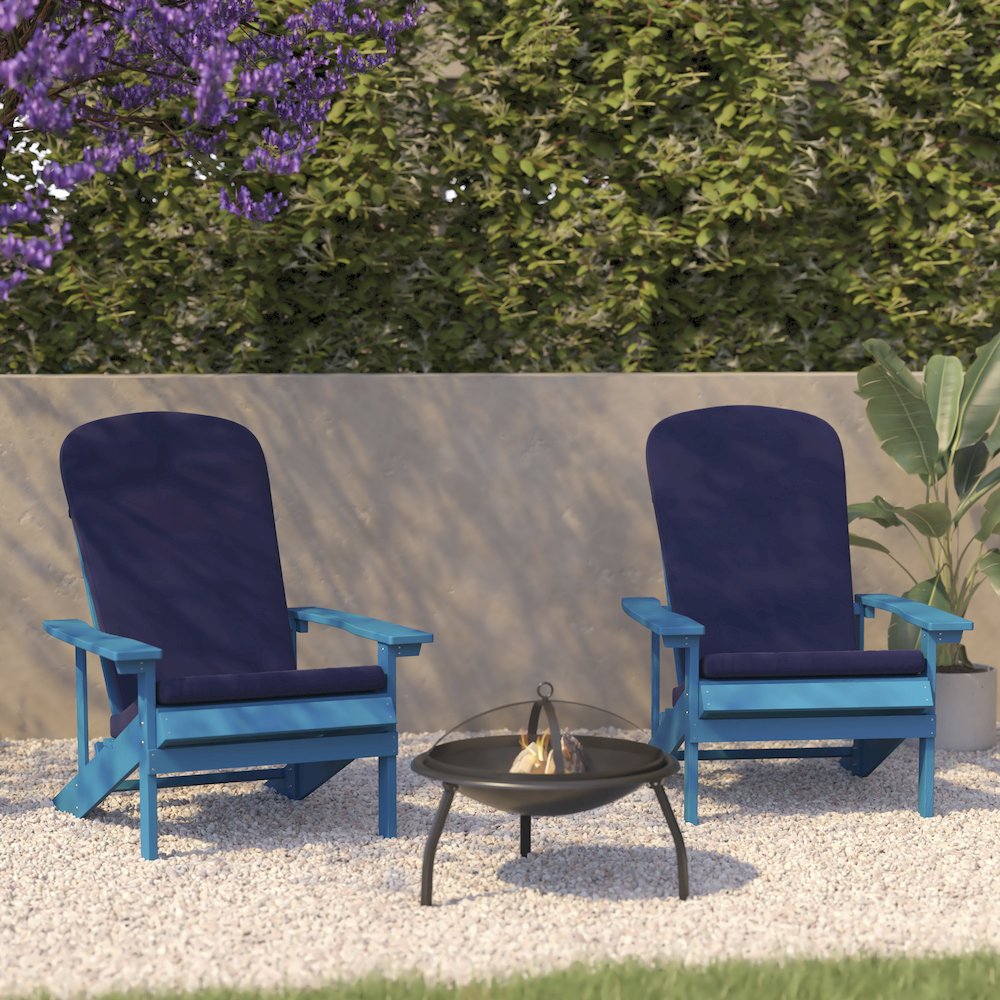 Set of 2 Adirondack Chairs in Blue with Blue Cushions for Deck, Porch, and Patio