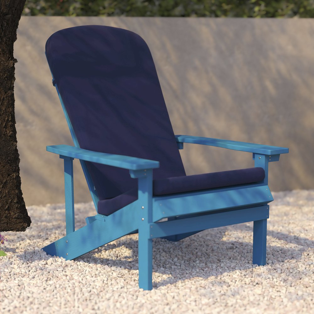 Set of 2 Adirondack Chairs in Blue with Blue Cushions for Deck, Porch, and Patio