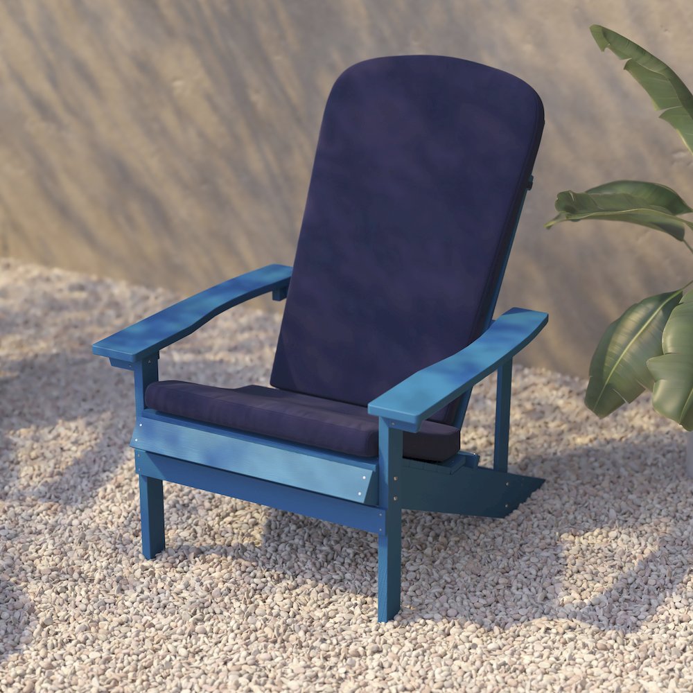 Set of 2 Adirondack Chairs in Blue with Blue Cushions for Deck, Porch, and Patio