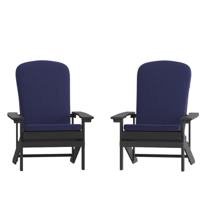 Set of 2 Adirondack Chairs in Slate Gray with Blue Cushions, Porch, and Patio