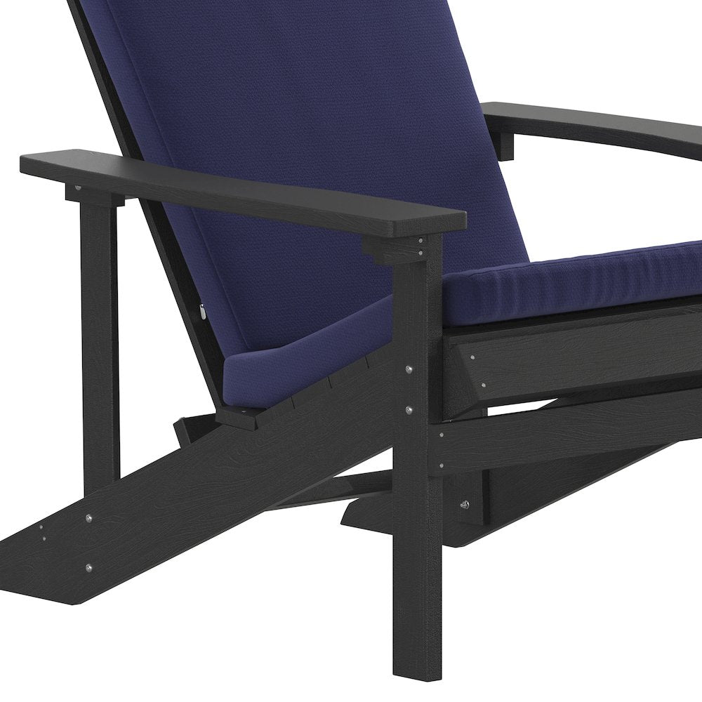 Set of 2 Adirondack Chairs in Slate Gray with Blue Cushions, Porch, and Patio