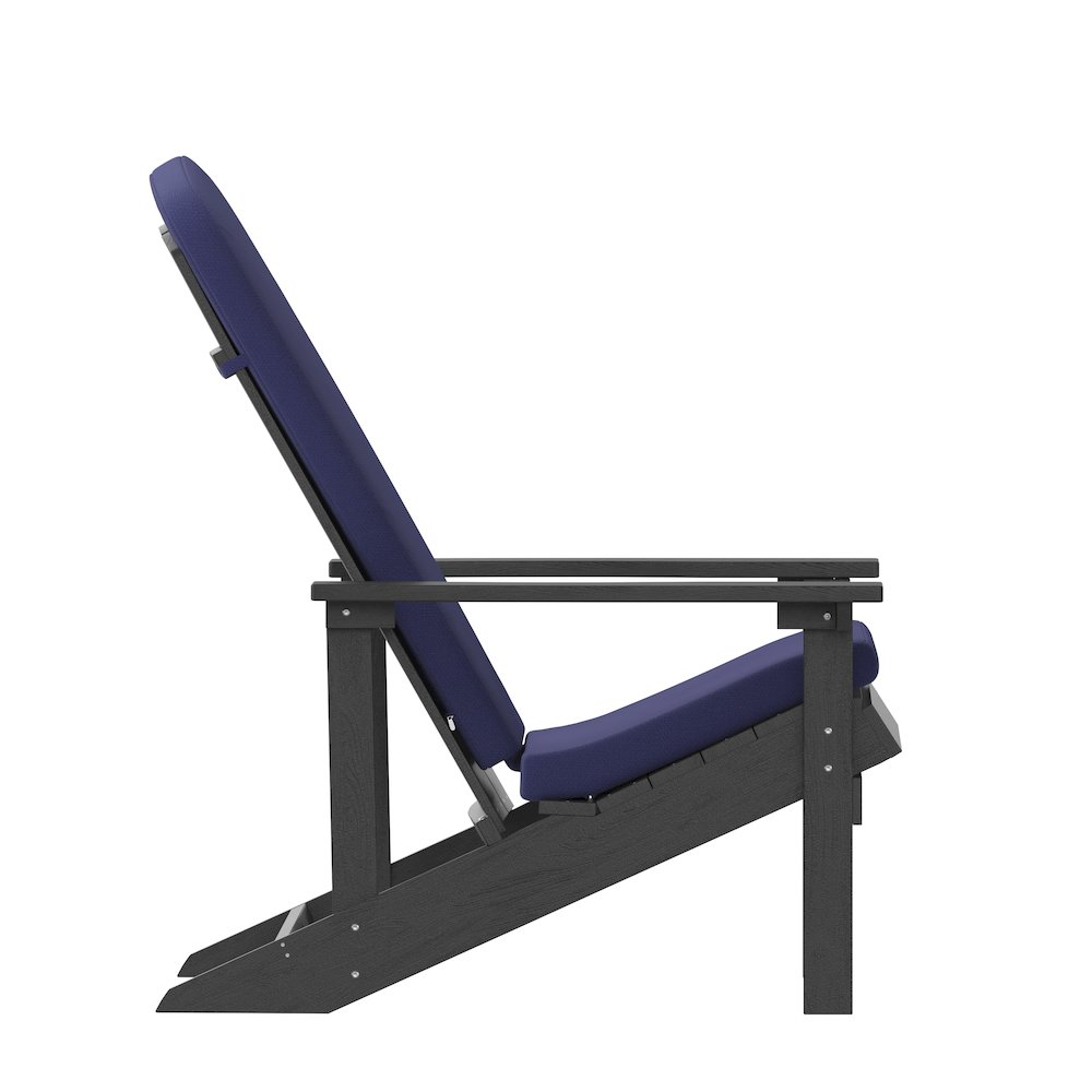 Set of 2 Adirondack Chairs in Slate Gray with Blue Cushions, Porch, and Patio