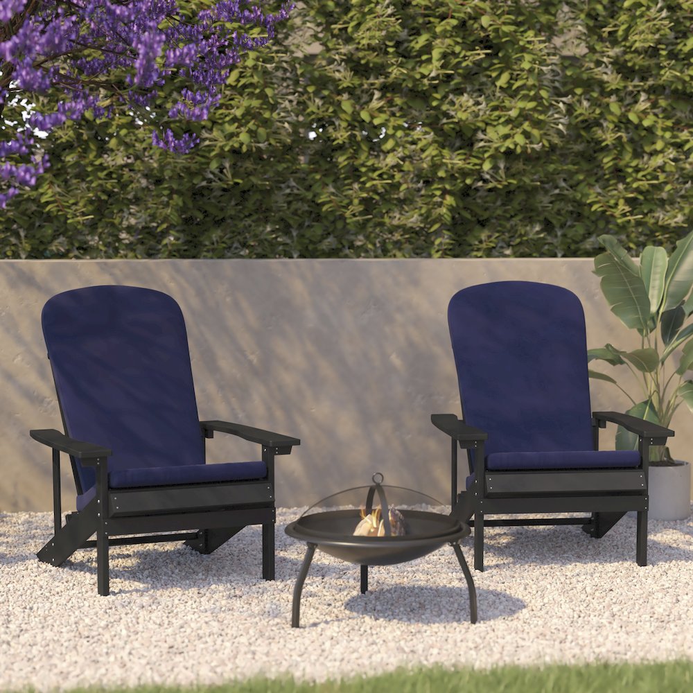 Set of 2 Adirondack Chairs in Slate Gray with Blue Cushions, Porch, and Patio