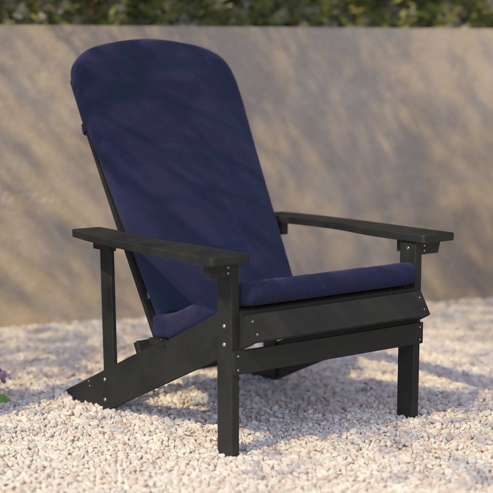 Set of 2 Adirondack Chairs in Slate Gray with Blue Cushions, Porch, and Patio