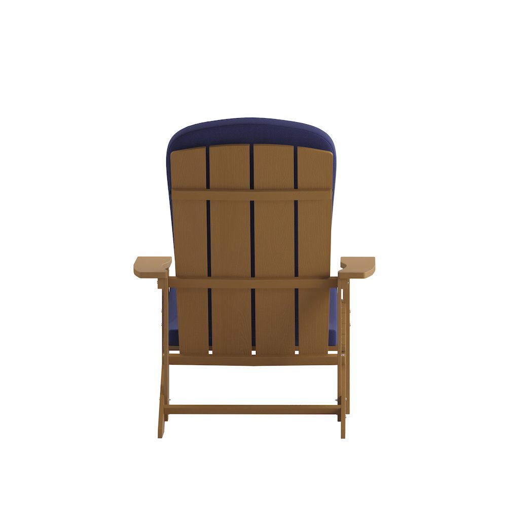 Set of 2 Adirondack Chairs in Teak with Blue Cushions for Deck, Porch, and Patio