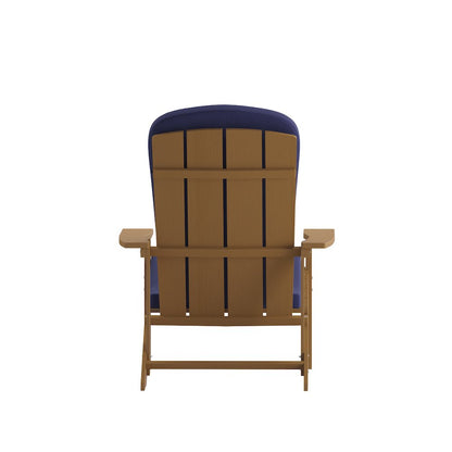 Set of 2 Adirondack Chairs in Teak with Blue Cushions for Deck, Porch, and Patio