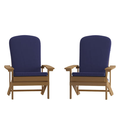 Set of 2 Adirondack Chairs in Teak with Blue Cushions for Deck, Porch, and Patio