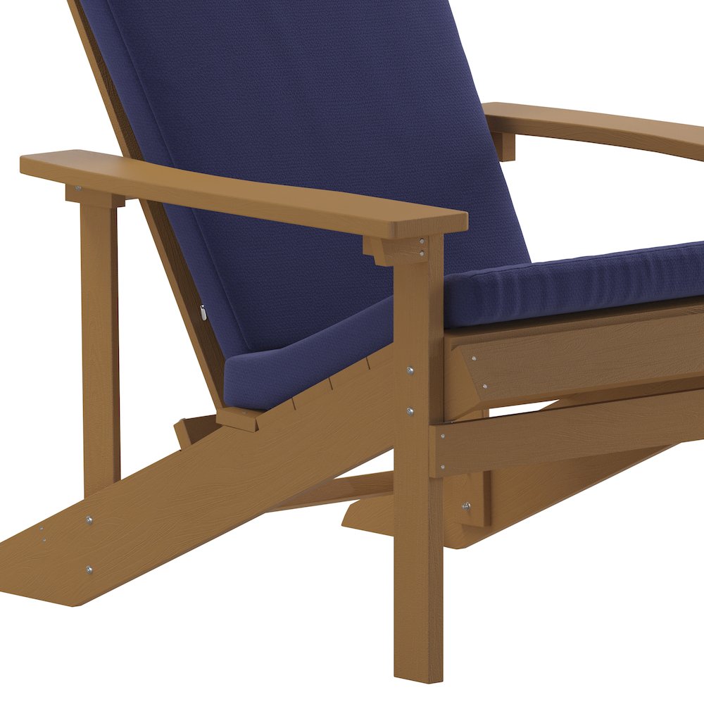 Set of 2 Adirondack Chairs in Teak with Blue Cushions for Deck, Porch, and Patio