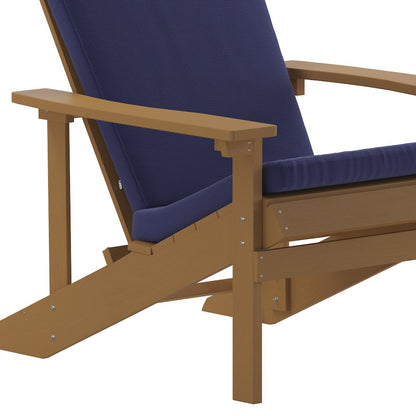 Set of 2 Adirondack Chairs in Teak with Blue Cushions for Deck, Porch, and Patio