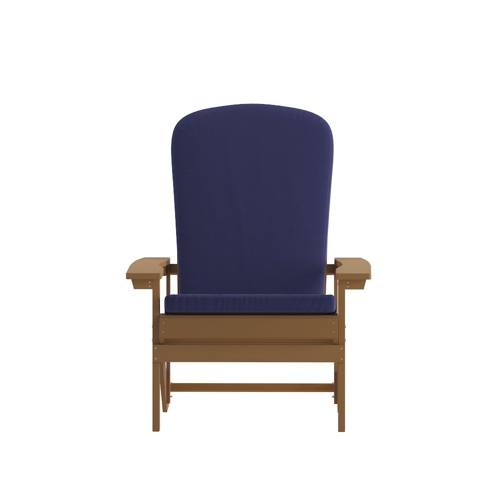 Set of 2 Adirondack Chairs in Teak with Blue Cushions for Deck, Porch, and Patio