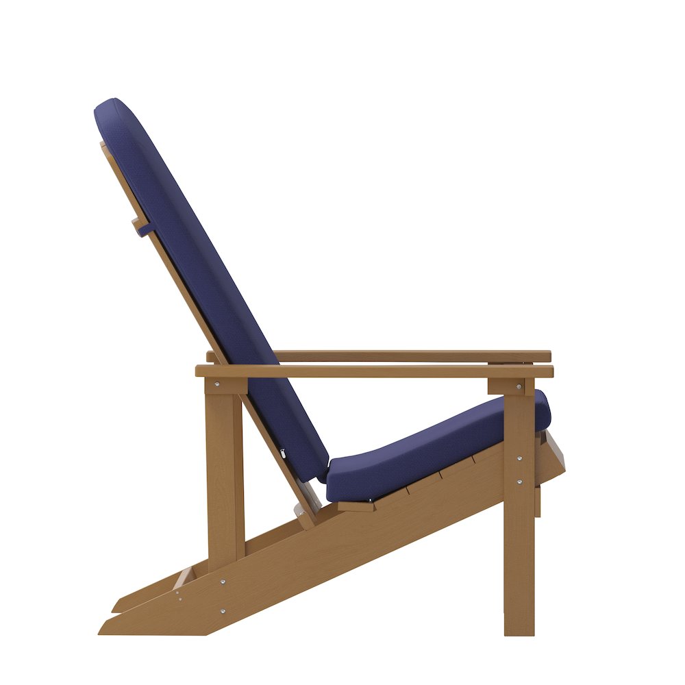 Set of 2 Adirondack Chairs in Teak with Blue Cushions for Deck, Porch, and Patio