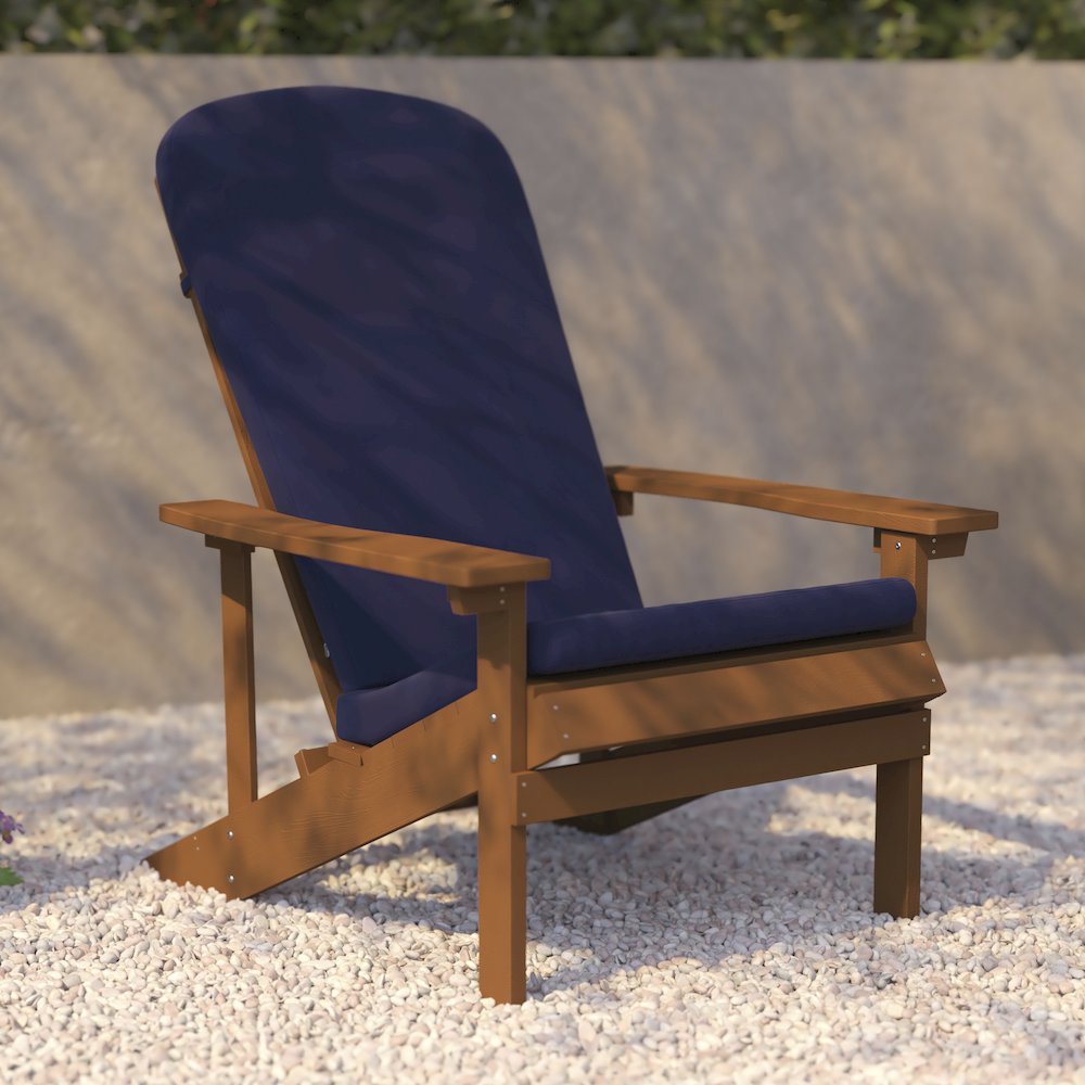 Set of 2 Adirondack Chairs in Teak with Blue Cushions for Deck, Porch, and Patio