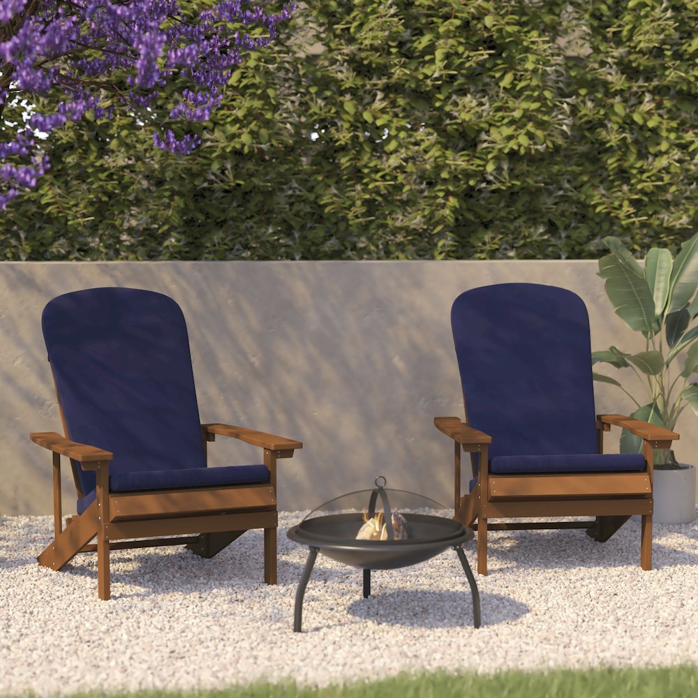 Set of 2 Adirondack Chairs in Teak with Blue Cushions for Deck, Porch, and Patio