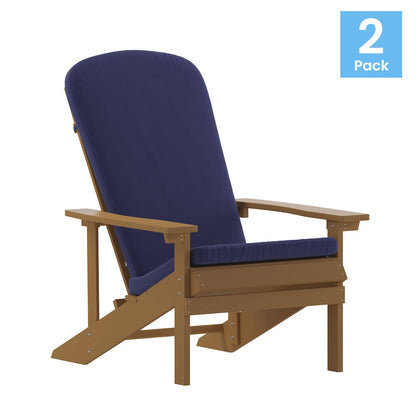 Set of 2 Adirondack Chairs in Teak with Blue Cushions for Deck, Porch, and Patio