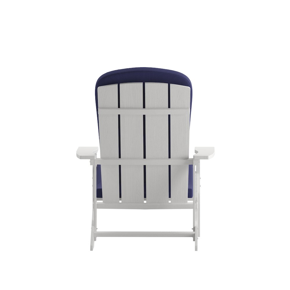 Set of 2 Adirondack Chairs in White with Blue Cushions, Porch, and Patio
