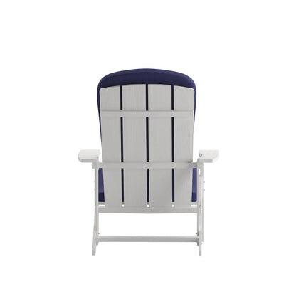 Set of 2 Adirondack Chairs in White with Blue Cushions, Porch, and Patio
