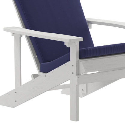 Set of 2 Adirondack Chairs in White with Blue Cushions, Porch, and Patio