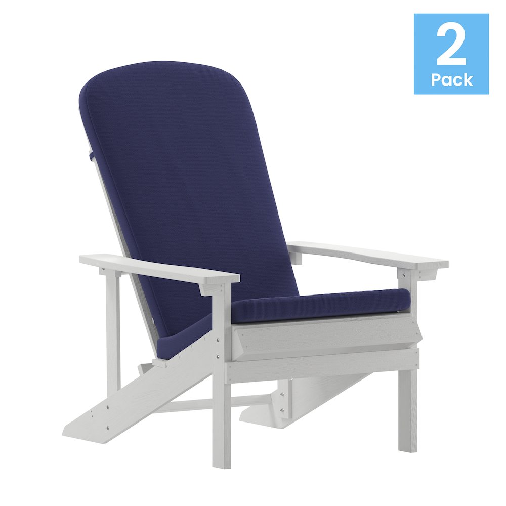 Set of 2 Adirondack Chairs in White with Blue Cushions, Porch, and Patio