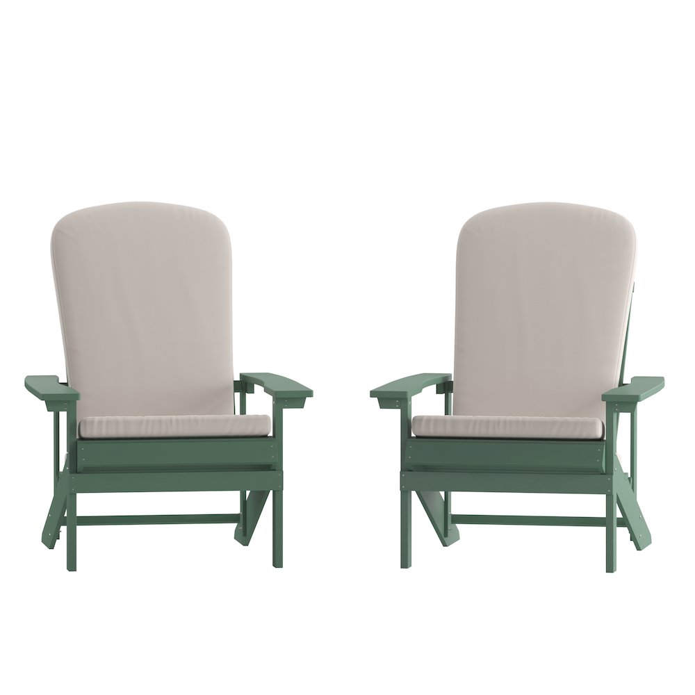 Set of 2 Adirondack Chairs in Green with Cream Cushions, Porch, and Patio