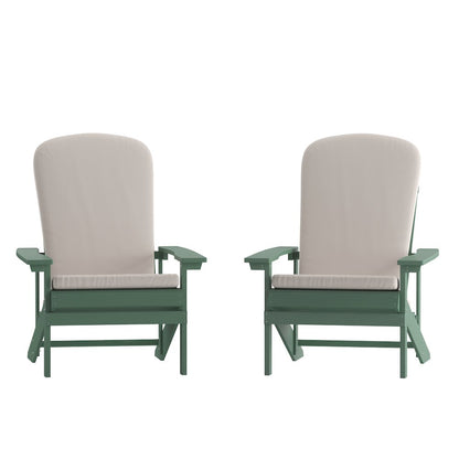 Set of 2 Adirondack Chairs in Green with Cream Cushions, Porch, and Patio