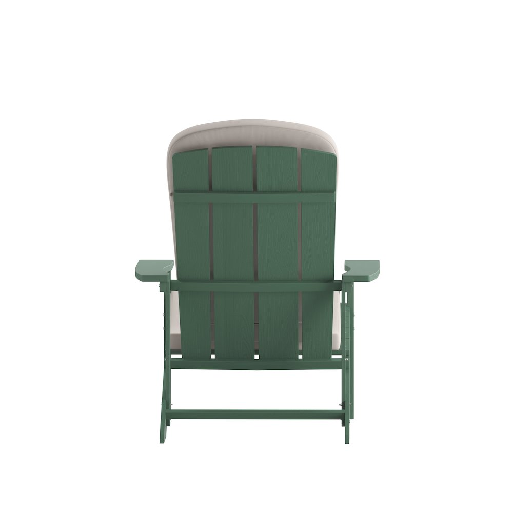 Set of 2 Adirondack Chairs in Green with Cream Cushions, Porch, and Patio